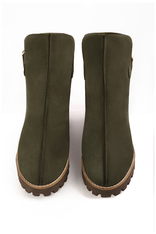 Khaki green women's ankle boots with buckles at the back. Round toe. Low rubber soles. Top view - Florence KOOIJMAN